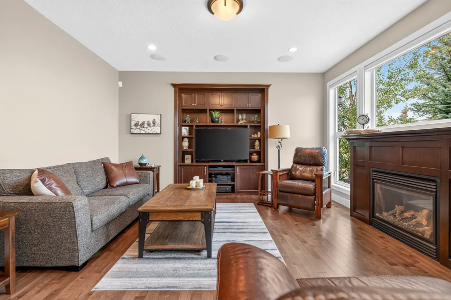 Family room with built-in cabinetry and fireplace