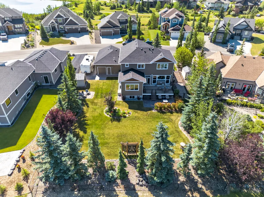 Front elevation with mature spruce and driveway